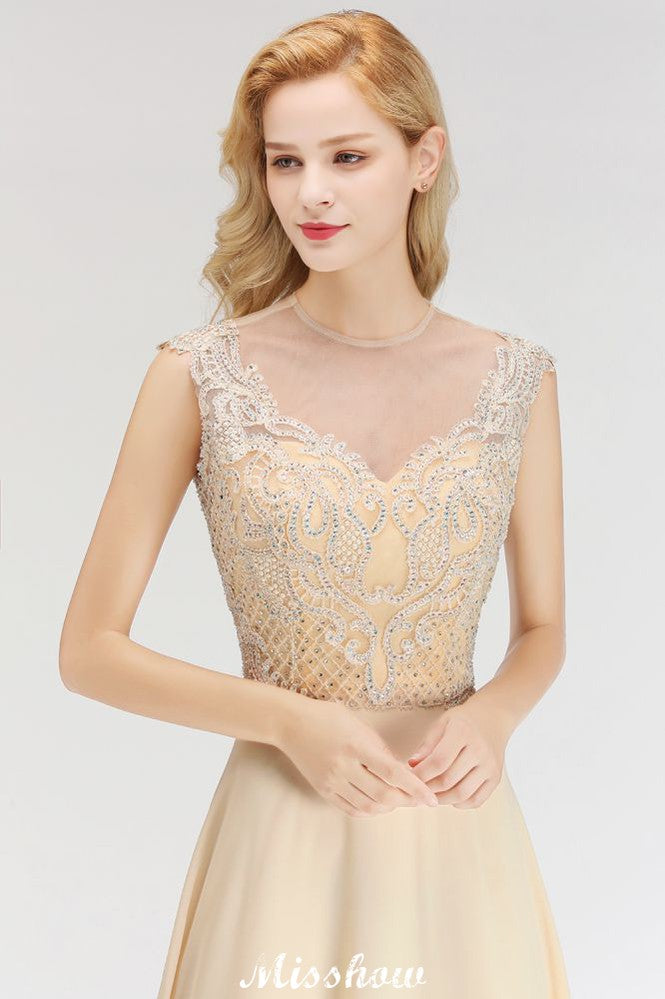 Champagne Sleeveless A-Line Crystal Jewel Bridesmaid Dresses Floor Length Party Dress
