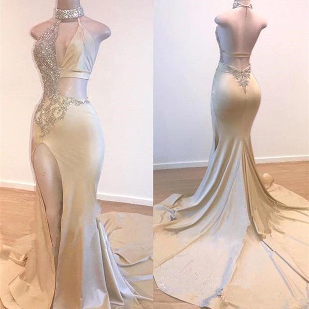 Champagne Sleeveless Prom Dress Mermaid Backless With Split - Fashionpara