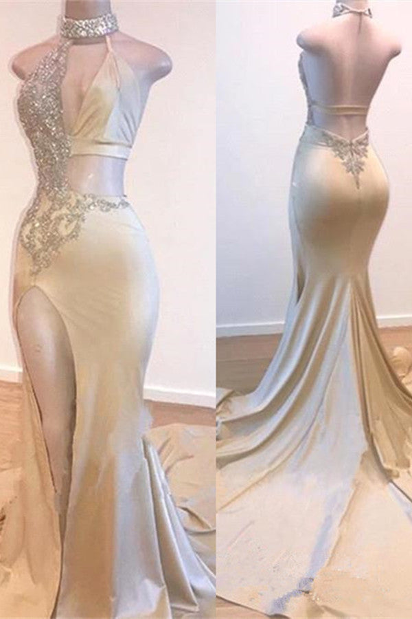 Champagne Sleeveless Prom Dress Mermaid Backless With Split - Fashionpara