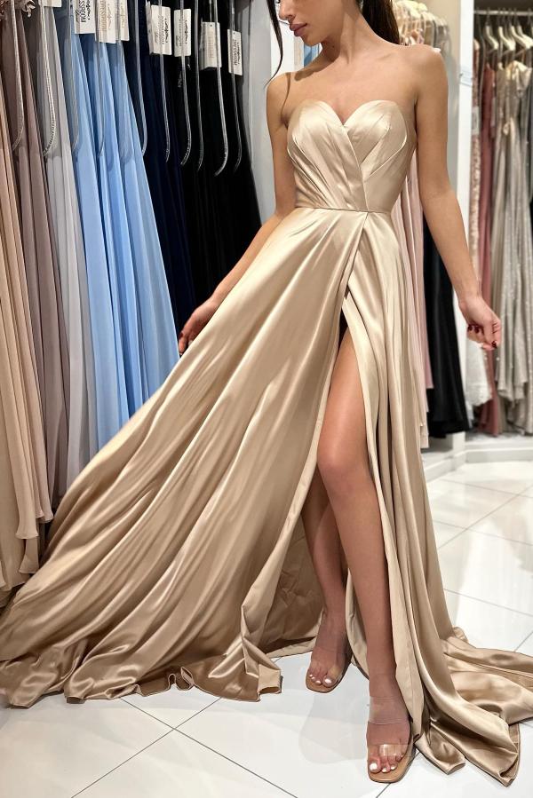 Champagne Sweetheart Prom Dress Split Long - Fashionpara
