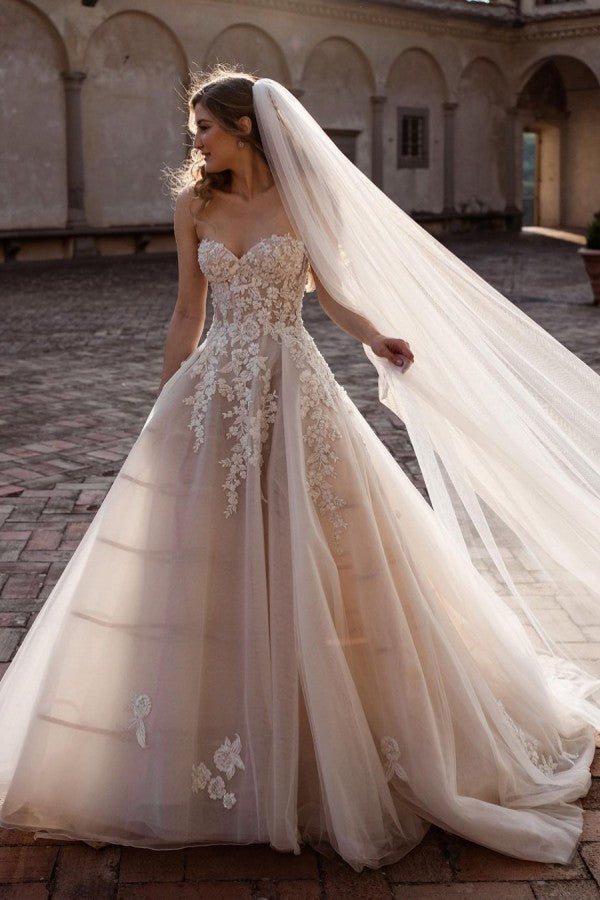 Champagne Sweetheart Wedding Dress Tulle With Lace Appliques - Fashionpara