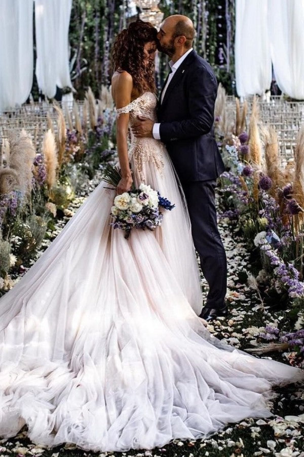 Champagne Tulle Bridal Dress Off-the-Shoulder With Appliques - Fashionpara