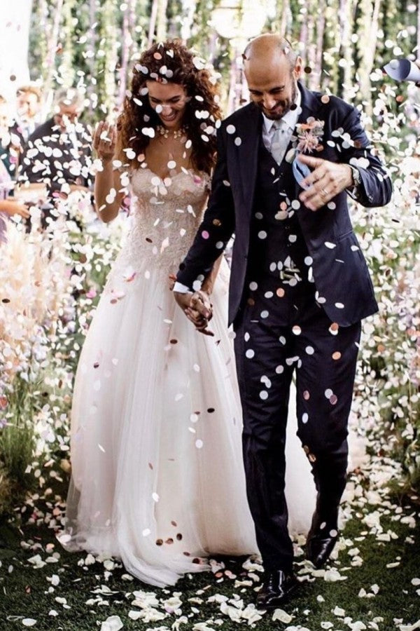 Champagne Tulle Bridal Dress Off-the-Shoulder With Appliques - Fashionpara