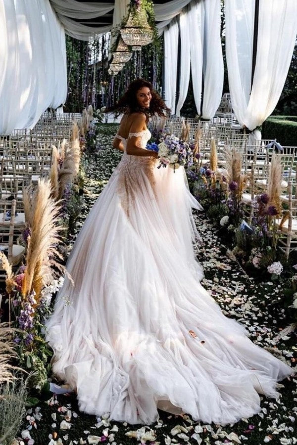 Champagne Tulle Bridal Dress Off-the-Shoulder With Appliques - Fashionpara