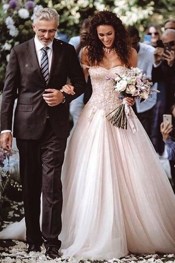 Champagne Tulle Bridal Dress Off-the-Shoulder With Appliques - Fashionpara