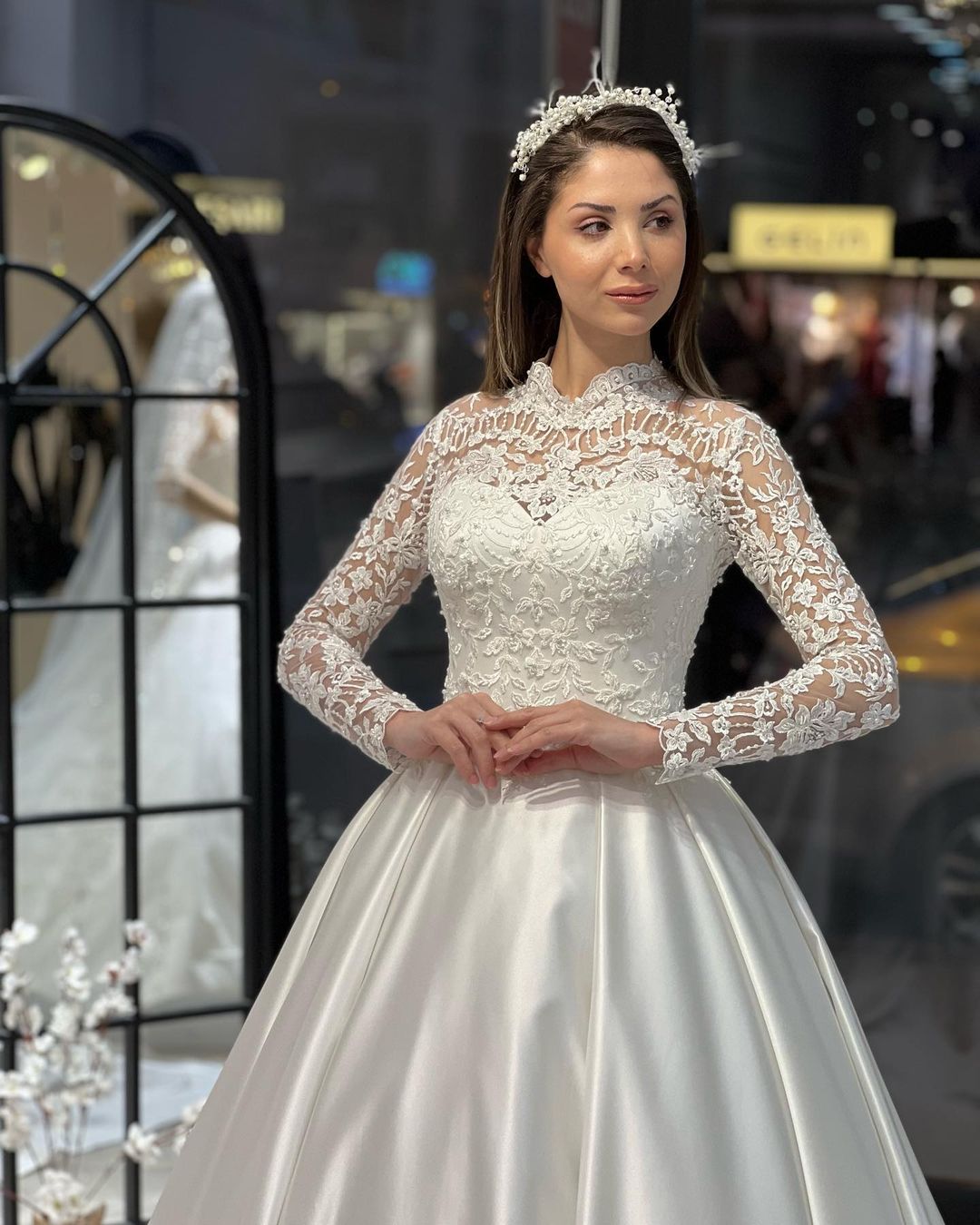 Charming Floor-Length Crew Neck Long Sleeves A-Line Satin Wedding Dress with Ruffles - Fashionpara