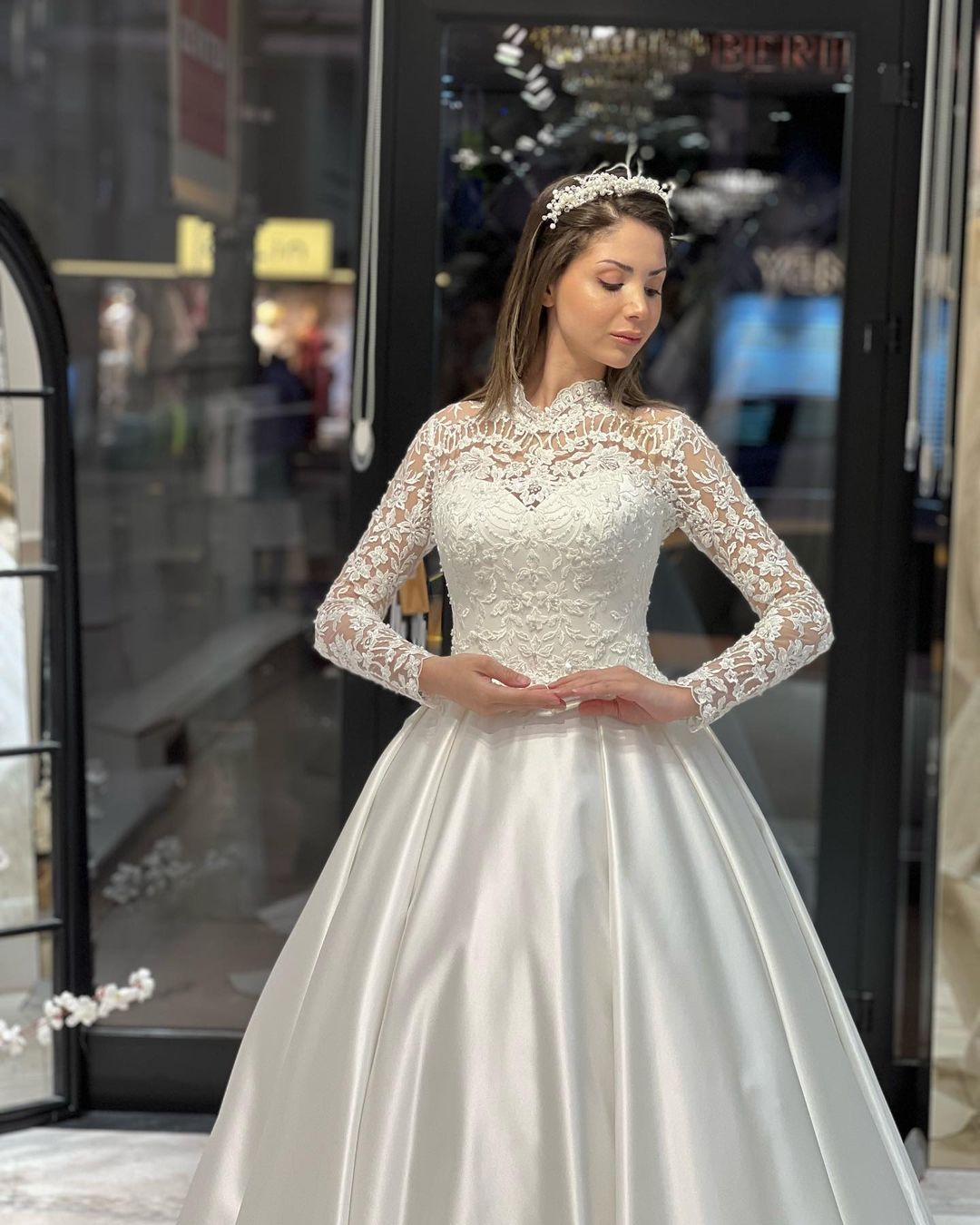 Charming Floor-Length Crew Neck Long Sleeves A-Line Satin Wedding Dress with Ruffles - Fashionpara