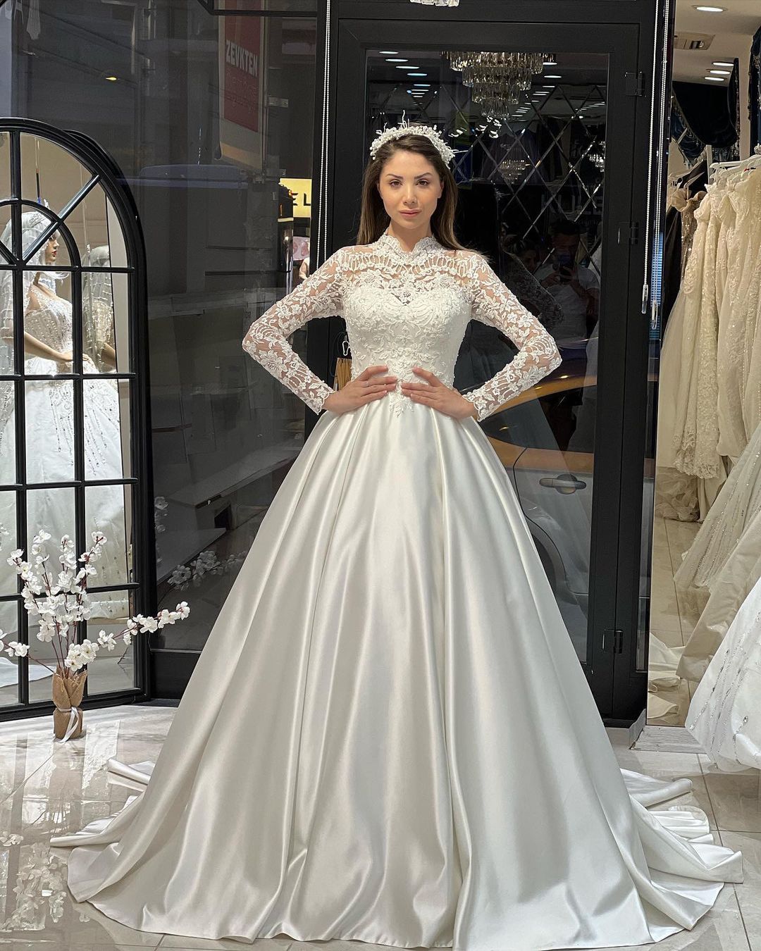 Charming Floor-Length Crew Neck Long Sleeves A-Line Satin Wedding Dress with Ruffles - Fashionpara