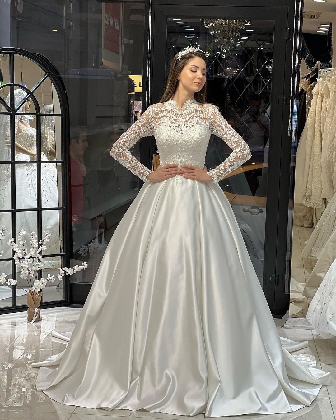 Charming Floor-Length Crew Neck Long Sleeves A-Line Satin Wedding Dress with Ruffles - Fashionpara