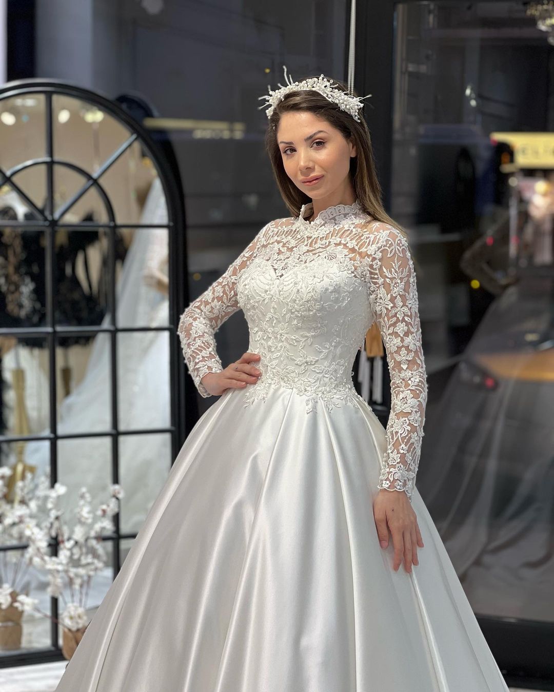 Charming Floor-Length Crew Neck Long Sleeves A-Line Satin Wedding Dress with Ruffles - Fashionpara
