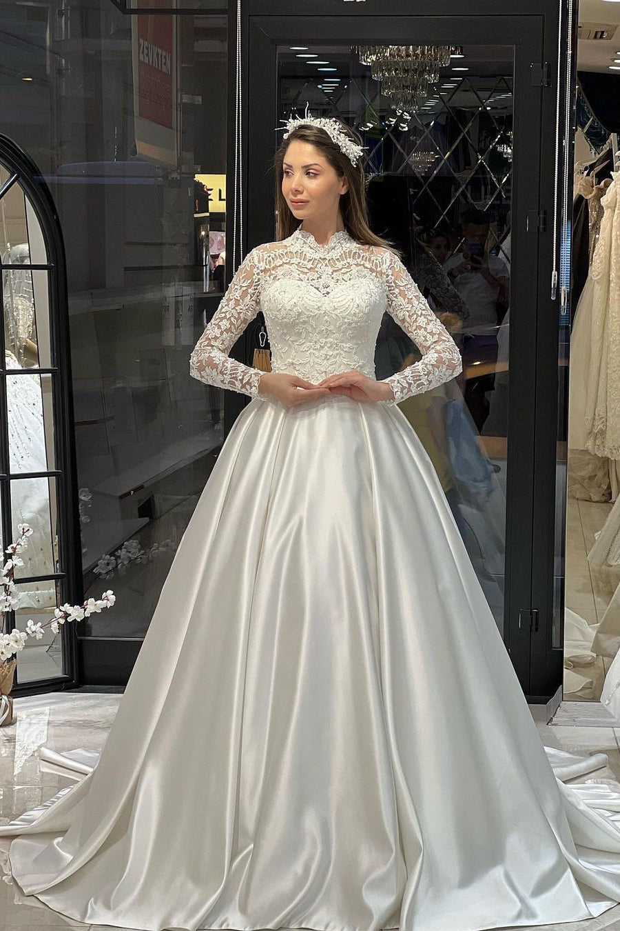 Charming Floor-Length Crew Neck Long Sleeves A-Line Satin Wedding Dress with Ruffles - Fashionpara