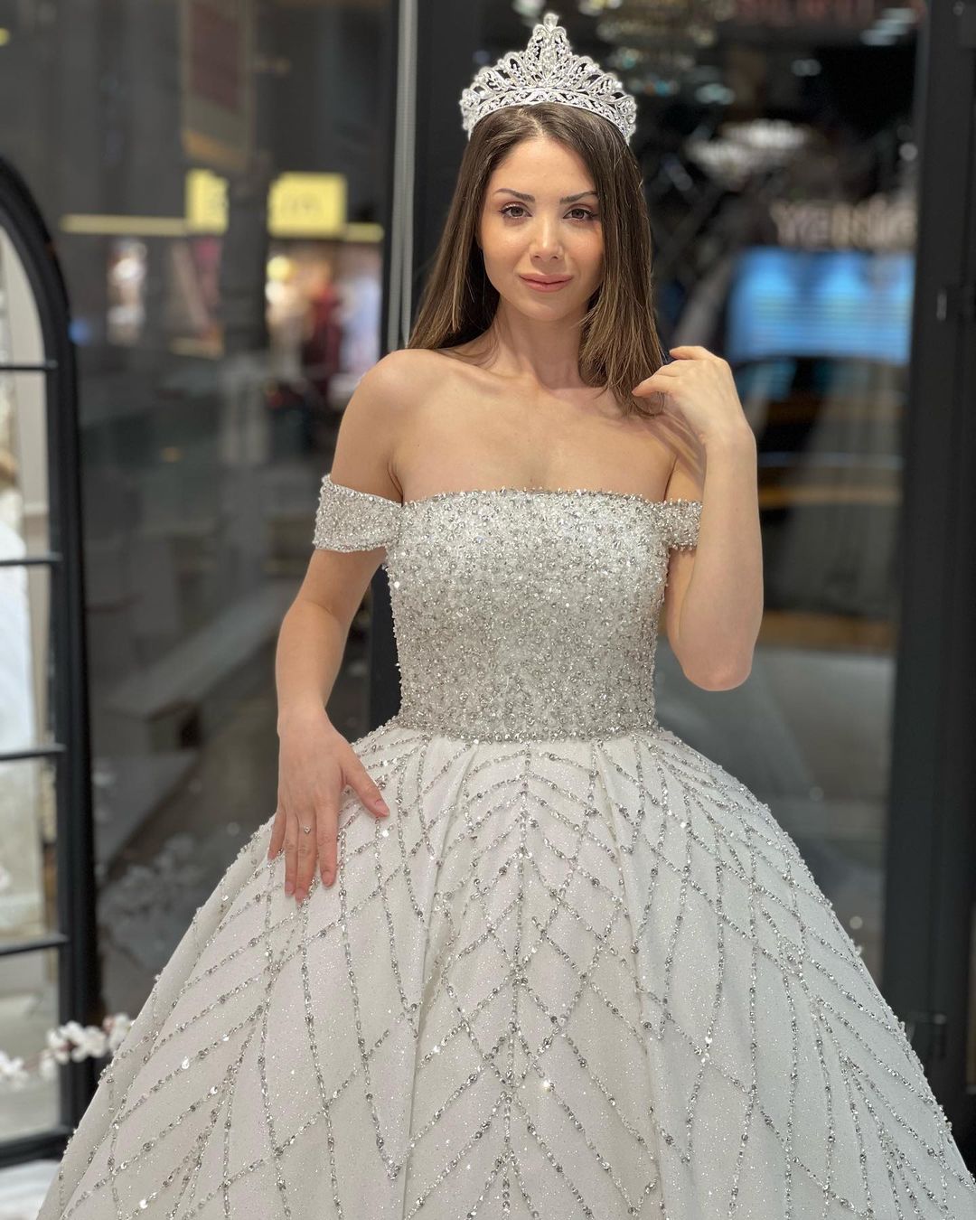 Charming Floor-Length Off-The-Shoulder A-Line Sequined Wedding Dress with Court Train - Fashionpara