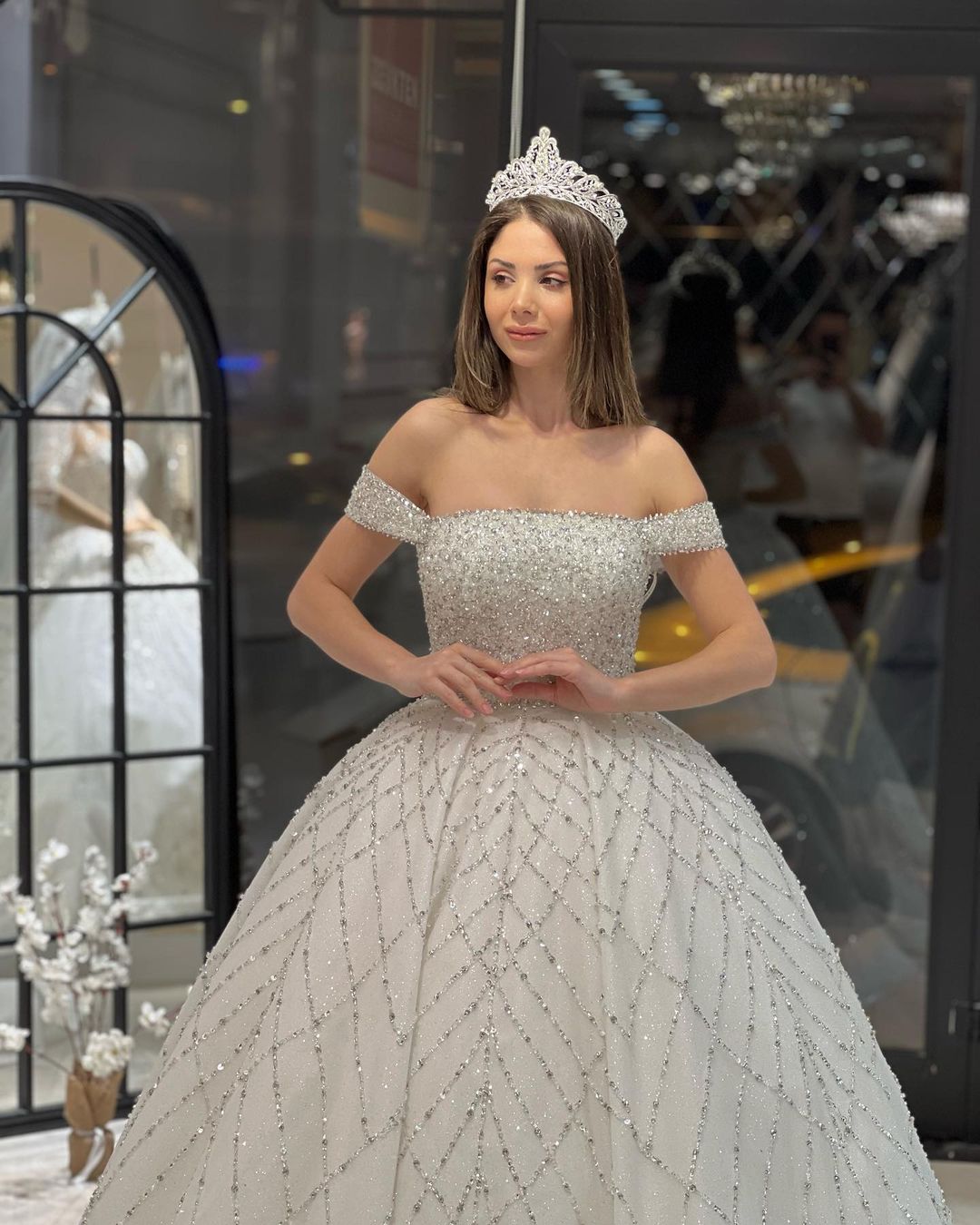 Charming Floor-Length Off-The-Shoulder A-Line Sequined Wedding Dress with Court Train - Fashionpara