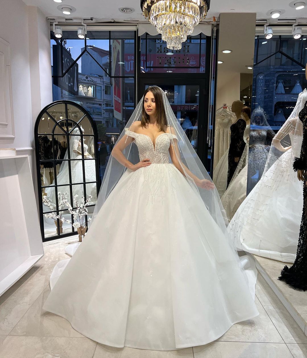 Charming Floor-Length Sweetheart Off-The-Shoulder A-Line Lace Wedding Dress with Sequins - Fashionpara
