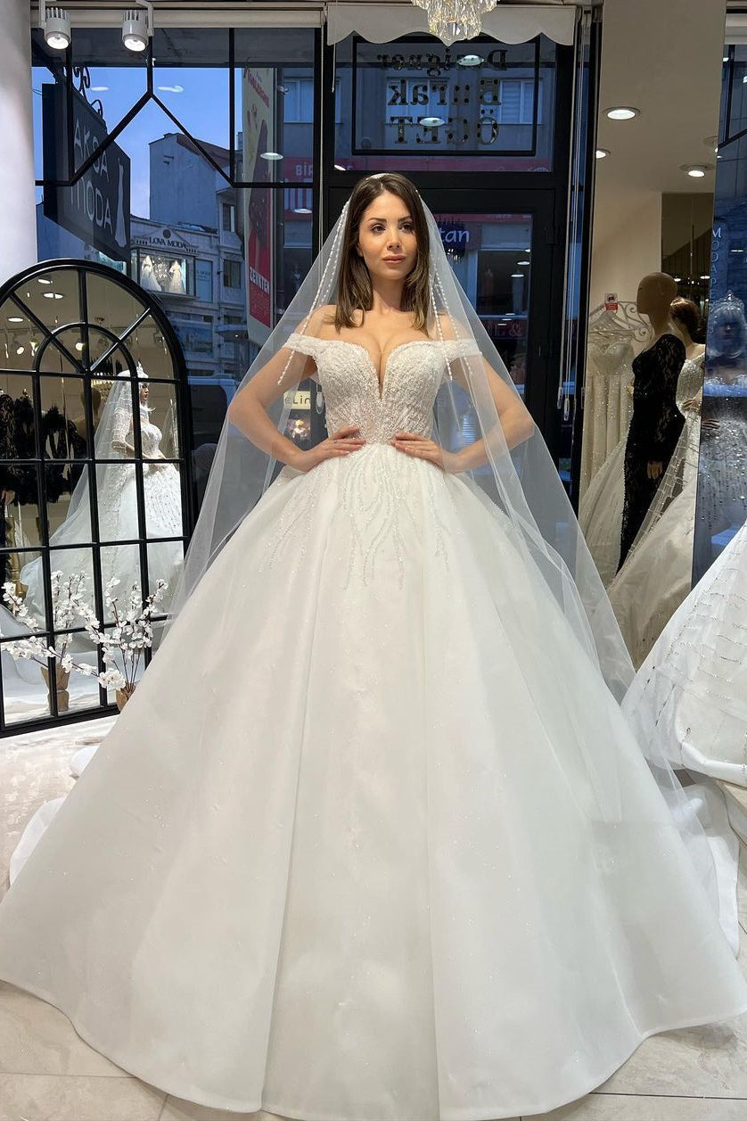Charming Floor-Length Sweetheart Off-The-Shoulder A-Line Lace Wedding Dress with Sequins - Fashionpara