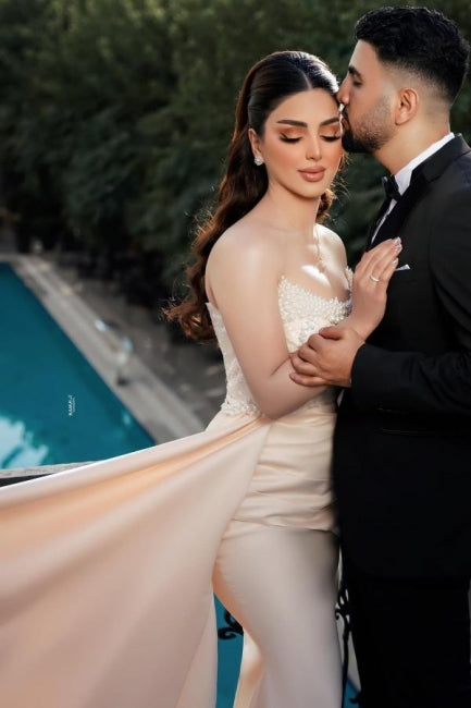 Charming Long Mermaid Strapless Sequined Wedding Gown with Dazzling Pearls - Fashionpara