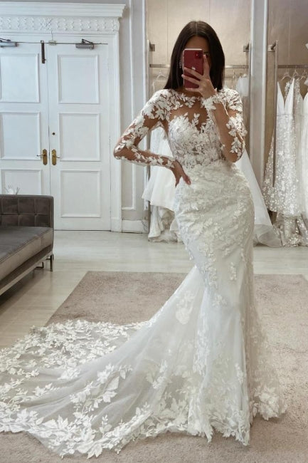 Enchanting Long White Mermaid Lace Wedding Gown with Elegant Long Sleeves - Fashionpara