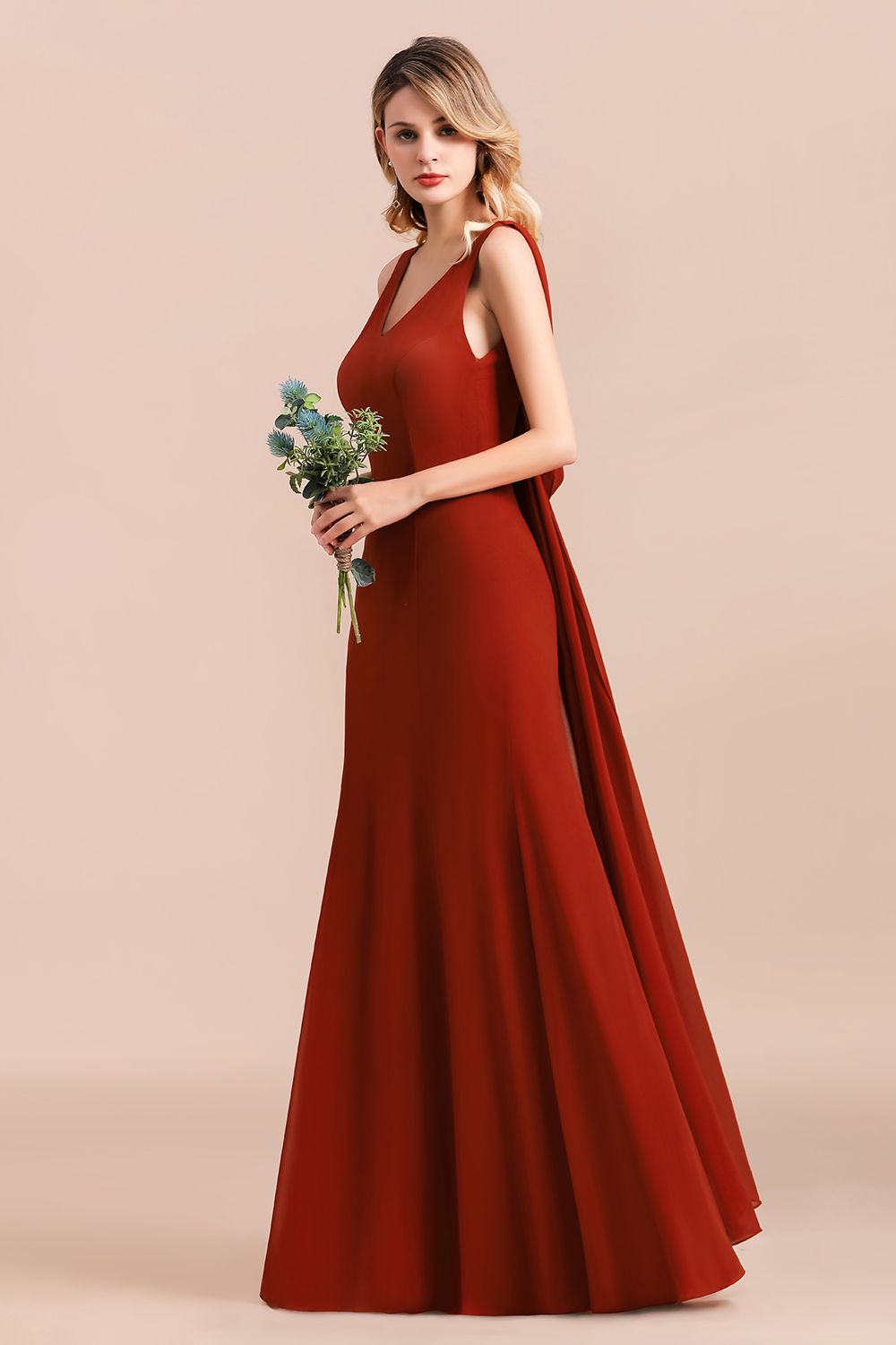 Charming Mermaid V-Neck Drapped Back Bridesmaid Dresses - Fashionpara