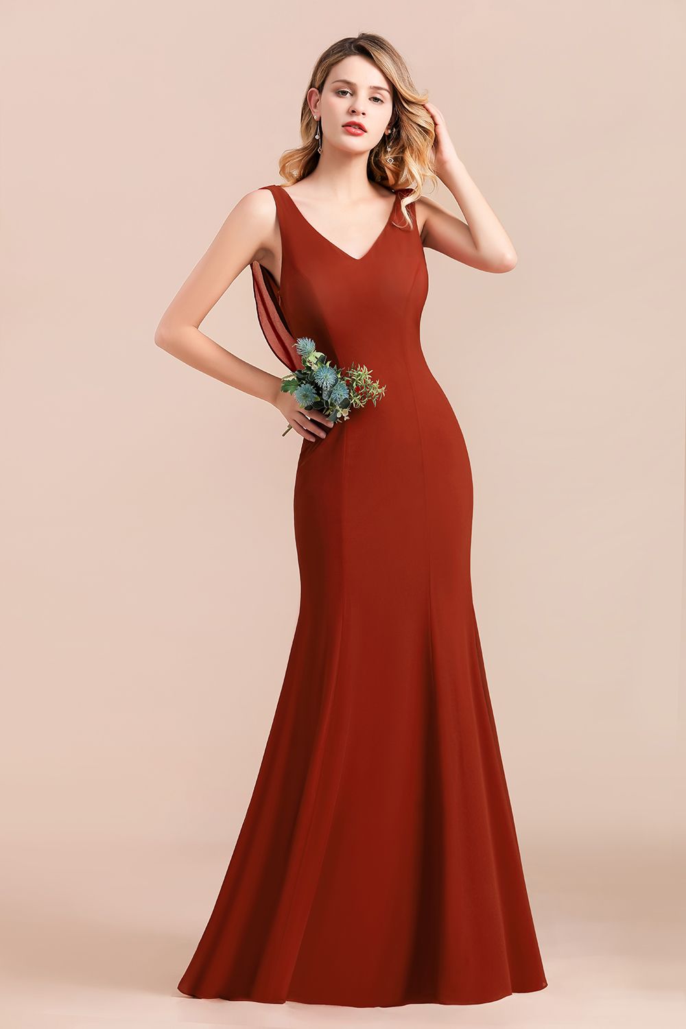 Charming Mermaid V-Neck Drapped Back Bridesmaid Dresses - Fashionpara