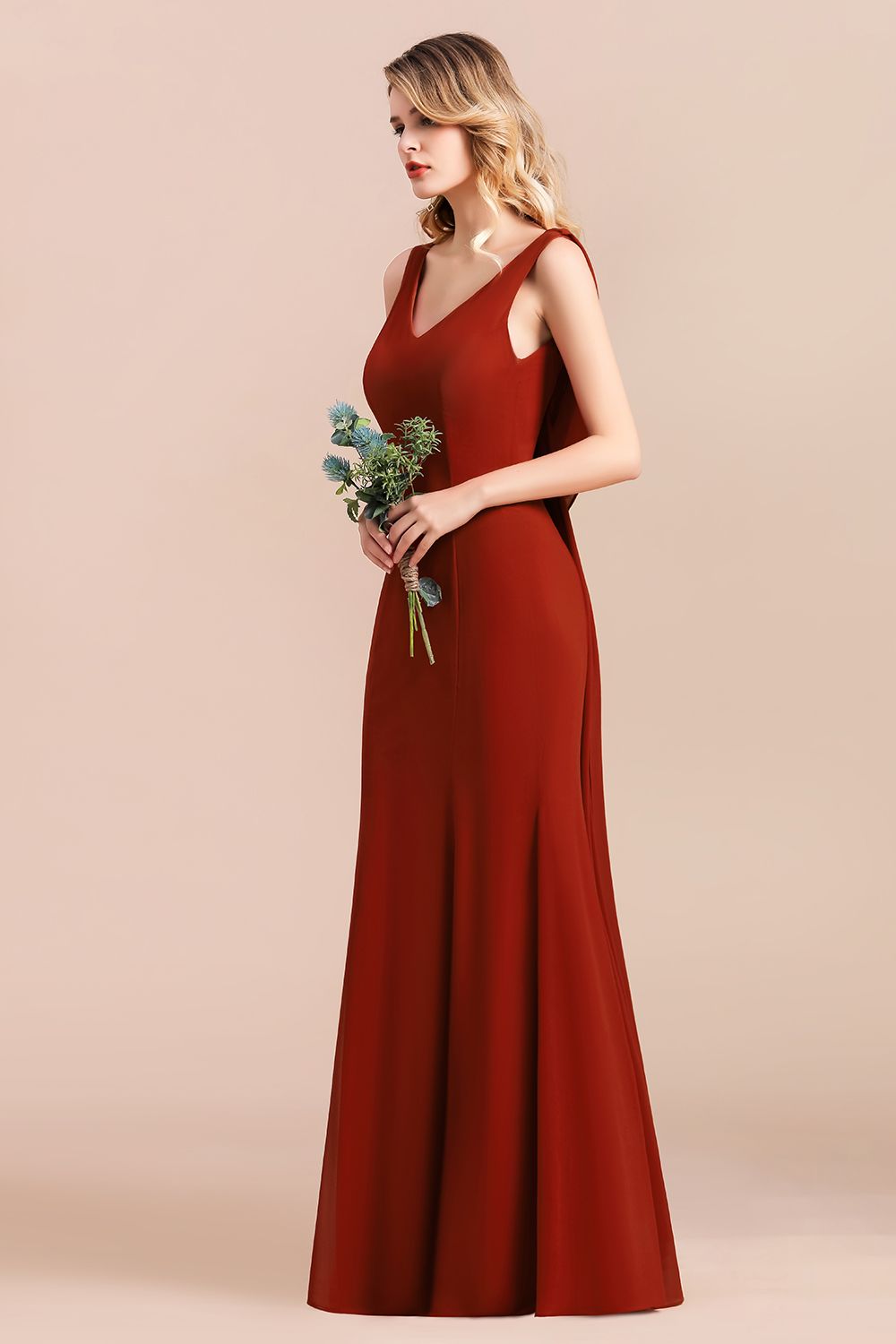 Charming Mermaid V-Neck Drapped Back Bridesmaid Dresses - Fashionpara