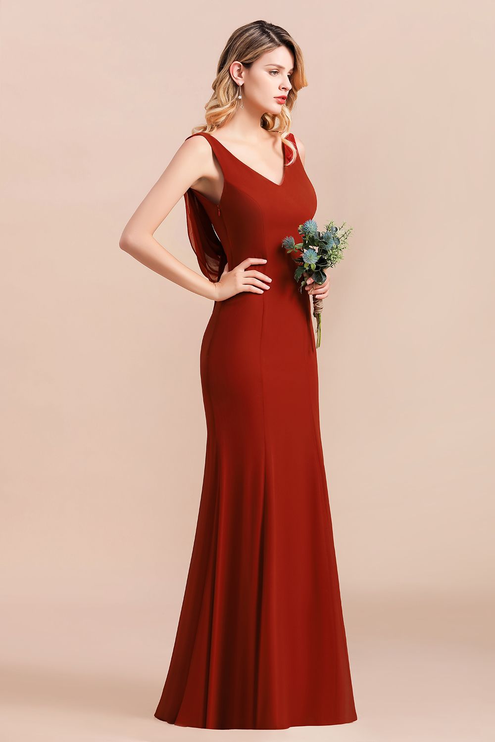 Charming Mermaid V-Neck Drapped Back Bridesmaid Dresses - Fashionpara