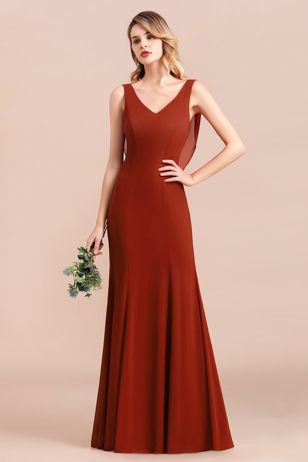 Charming Mermaid V-Neck Drapped Back Bridesmaid Dresses - Fashionpara