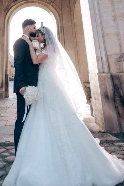 Charming Straps Off-the-Shoulder Floor-Length A-Line Bridal Dress - Fashionpara