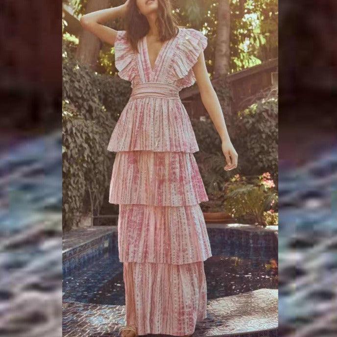 Floral Print V-Neck Flutter Sleeve Tiered Maxi Dress