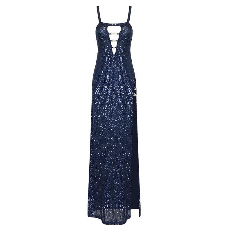 Sequin Square Neck Cutout High Slit Maxi Gown