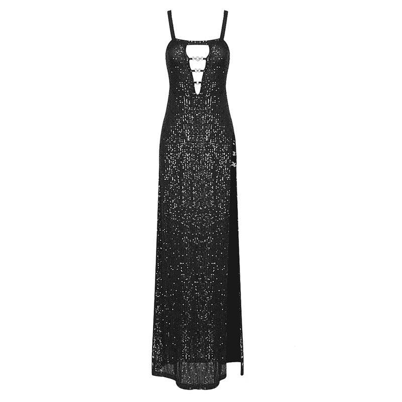 Sequin Square Neck Cutout High Slit Maxi Gown