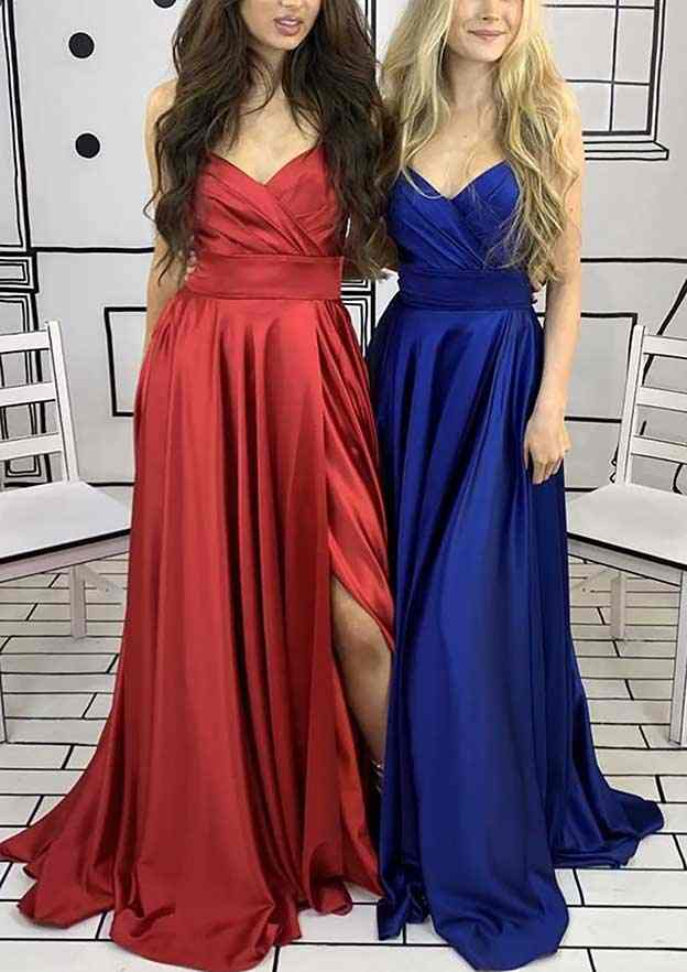 Chic A-Line V-Neck Sleeveless Charmeuse Court Train Prom Dress/Evening Dress With Pleated Split - Fashionpara