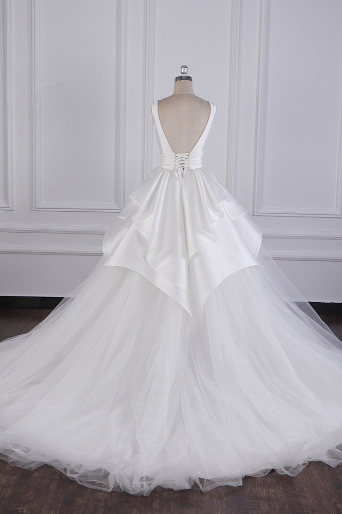 Chic Ball Gown Jewel Layers Tulle Wedding Dress White Sleeveless Ruffles Bridal Gowns - Fashionpara