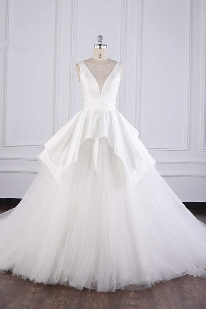 Chic Ball Gown Jewel Layers Tulle Wedding Dress White Sleeveless Ruffles Bridal Gowns - Fashionpara