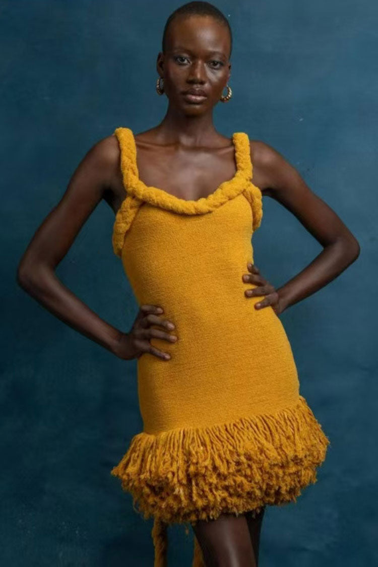 Chic Braided Rope Halter Tie Tassel Hem Bodycon Vacation Mini Dress