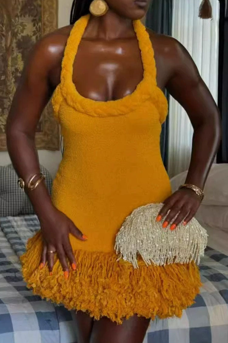 Chic Braided Rope Halter Tie Tassel Hem Bodycon Vacation Mini Dress