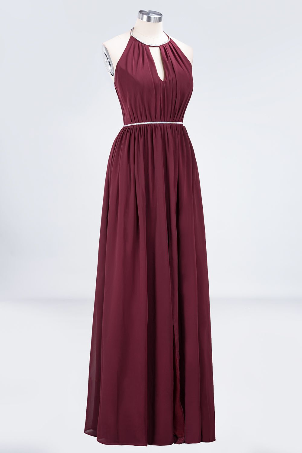 Chic Burgundy Halter Long Backless Bridesmaid Dresses with Beadings - Fashionpara