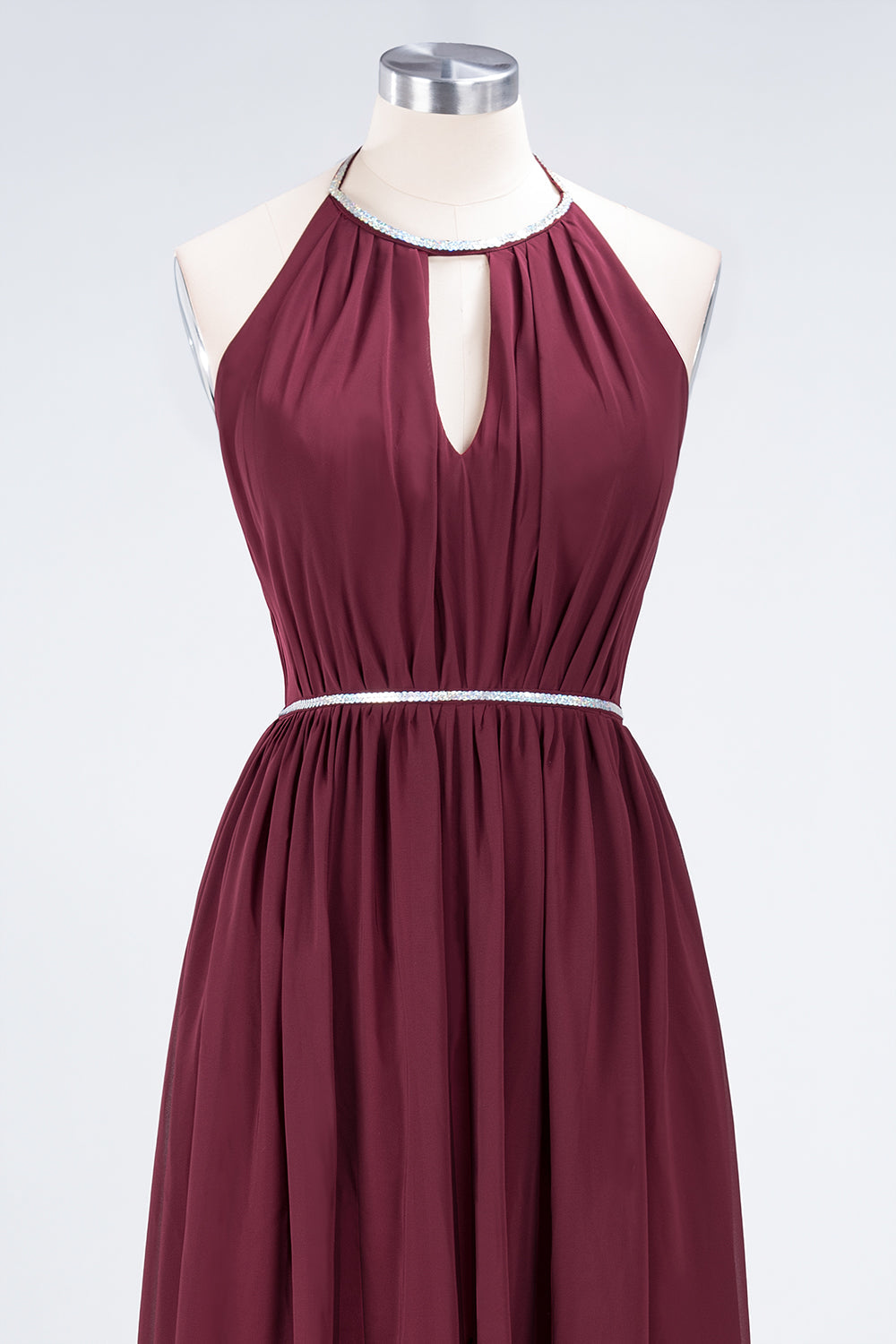 Chic Burgundy Halter Long Backless Bridesmaid Dresses with Beadings - Fashionpara