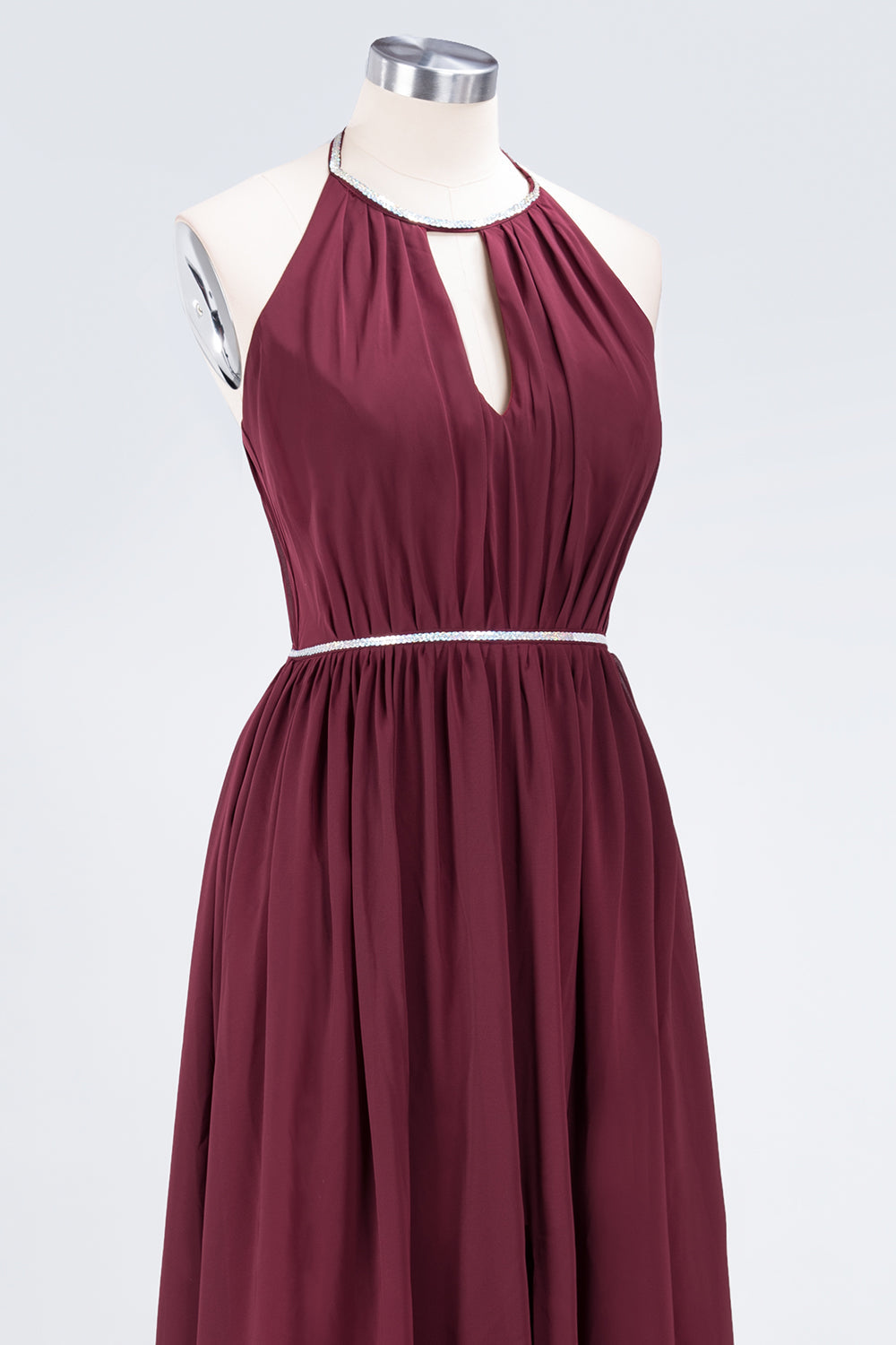 Chic Burgundy Halter Long Backless Bridesmaid Dresses with Beadings - Fashionpara