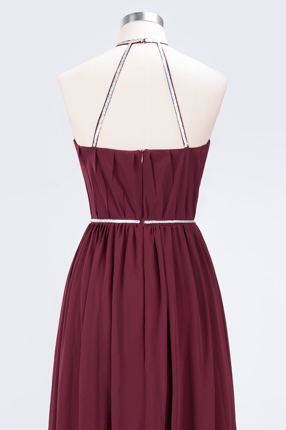 Chic Burgundy Halter Long Backless Bridesmaid Dresses with Beadings - Fashionpara