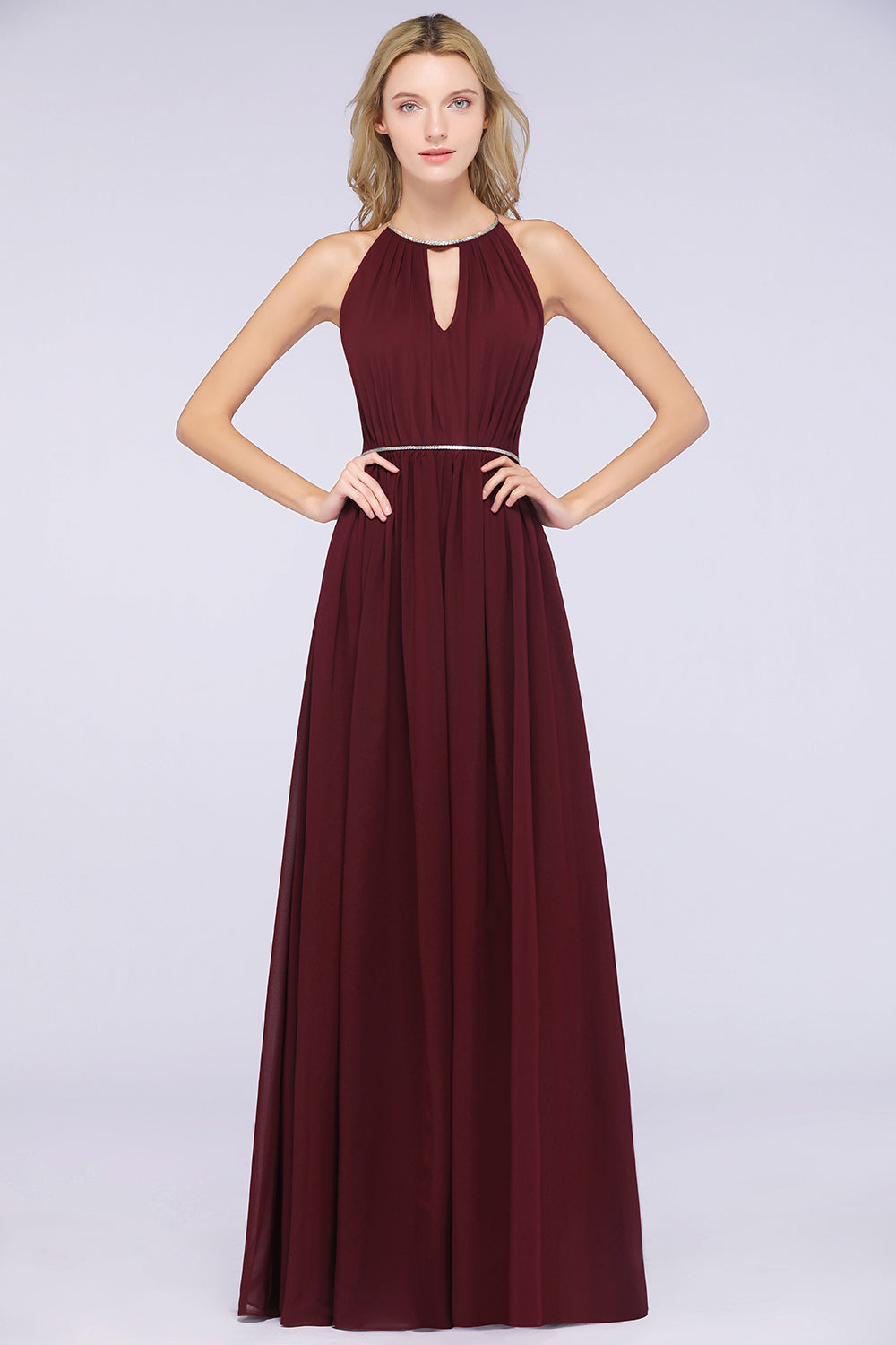 Chic Burgundy Halter Long Backless Bridesmaid Dresses with Beadings - Fashionpara