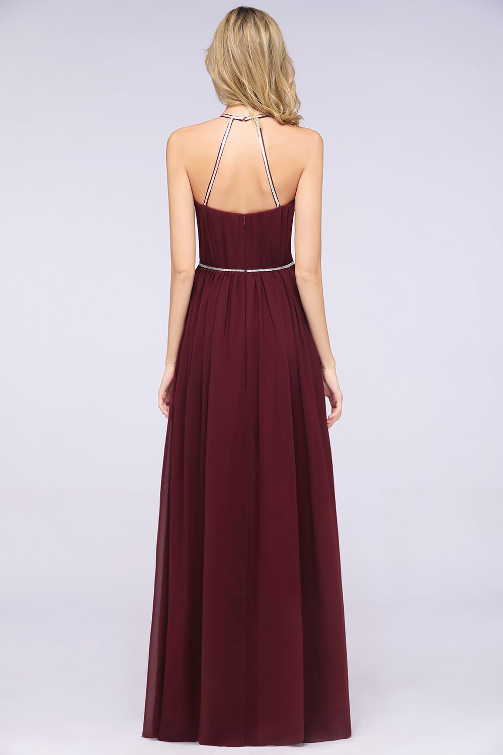 Chic Burgundy Halter Long Backless Bridesmaid Dresses with Beadings - Fashionpara