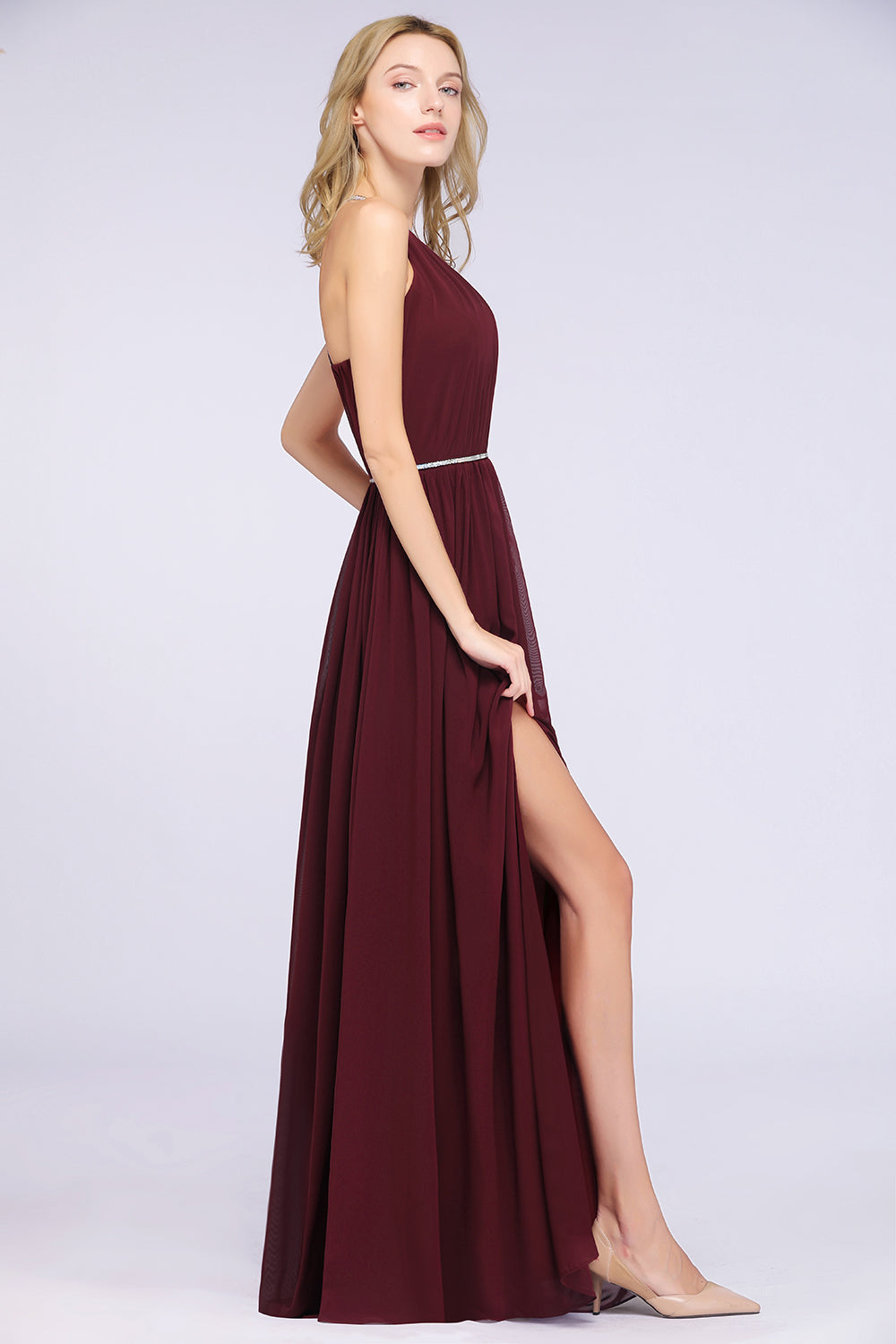 Chic Burgundy Halter Long Backless Bridesmaid Dresses with Beadings - Fashionpara
