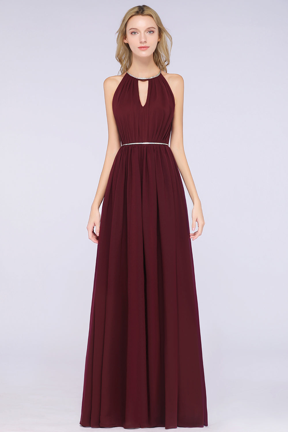 Chic Burgundy Halter Long Backless Bridesmaid Dresses with Beadings - Fashionpara