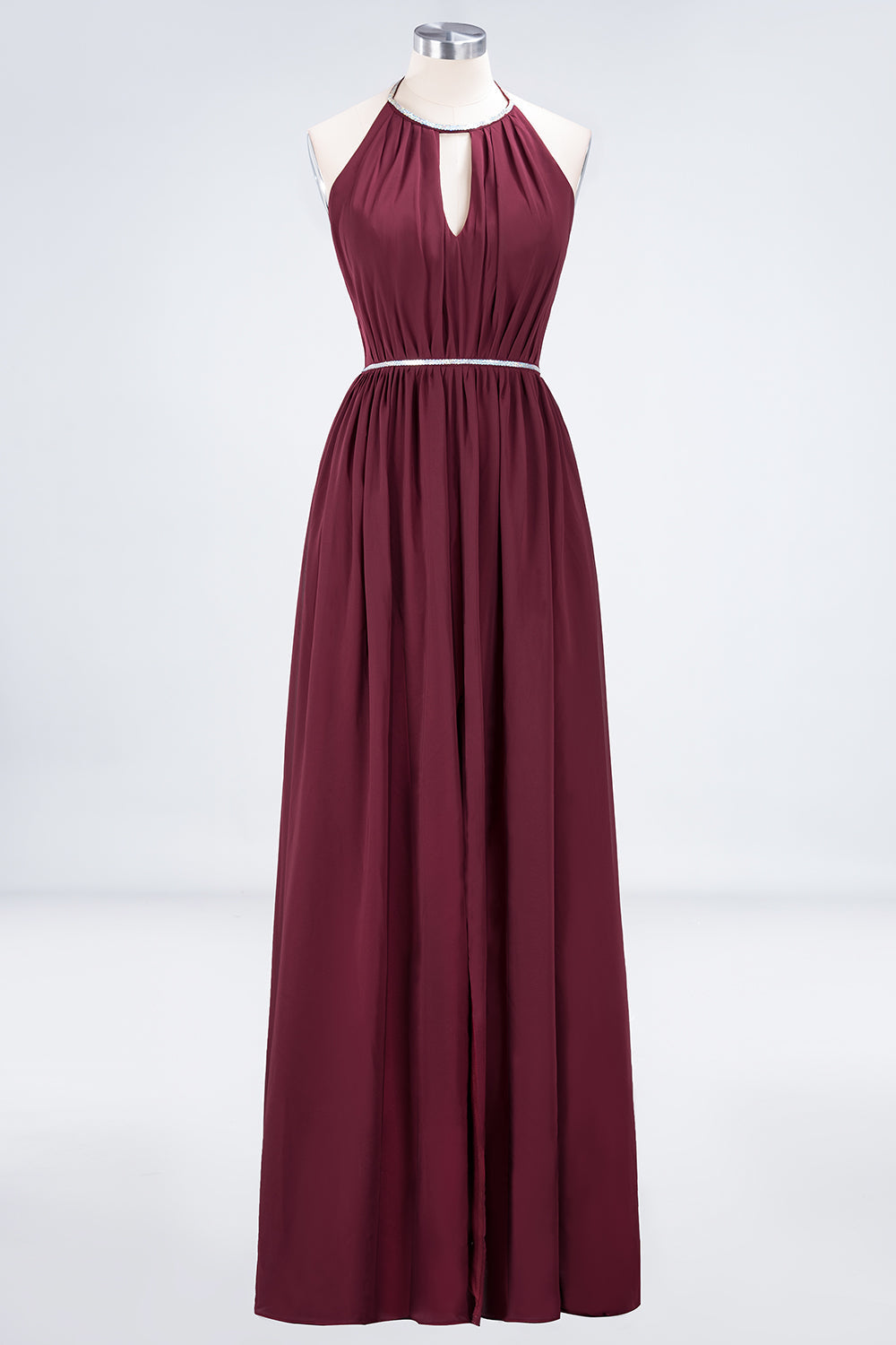 Chic Burgundy Halter Long Backless Bridesmaid Dresses with Beadings - Fashionpara
