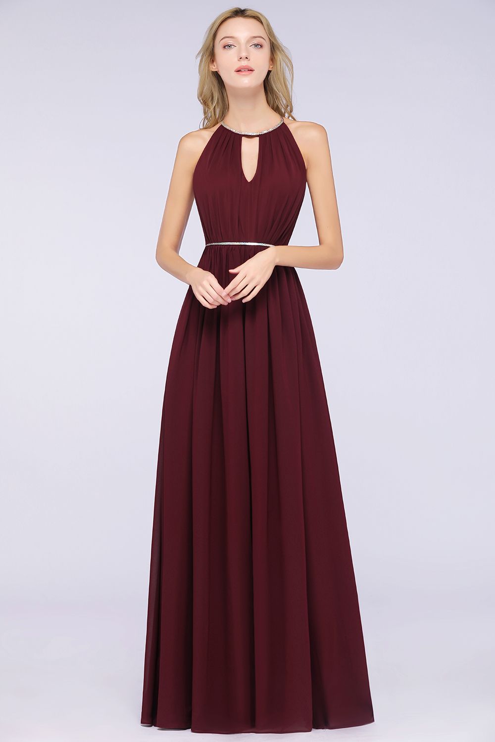 Chic Burgundy Halter Long Backless Bridesmaid Dresses with Beadings - Fashionpara