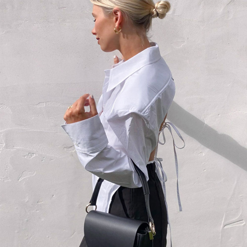 Chic Button Up Shoulder Pad Pointed Collar Tie String Backless Blouse - White - Fashionpara