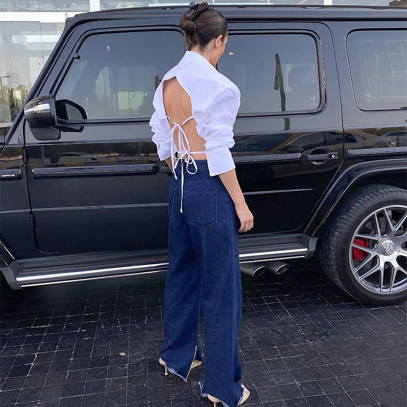 Chic Button Up Shoulder Pad Pointed Collar Tie String Backless Blouse - White - Fashionpara