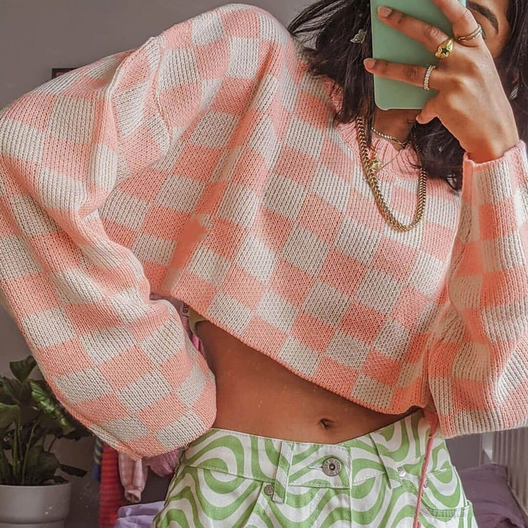 Checkered Pattern Long Sleeve Pullover Cropped Sweater - Pink 2