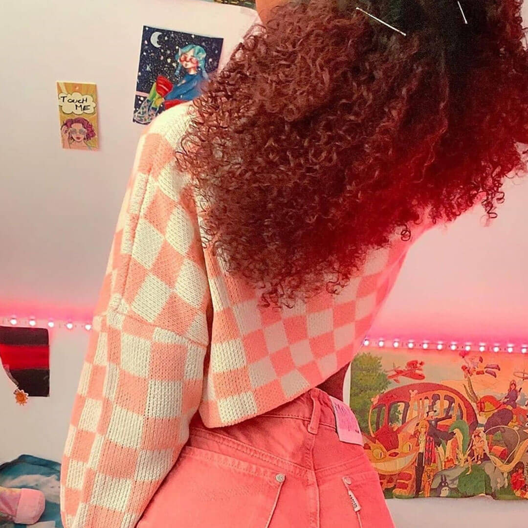Checkered Pattern Long Sleeve Pullover Cropped Sweater - Pink 4