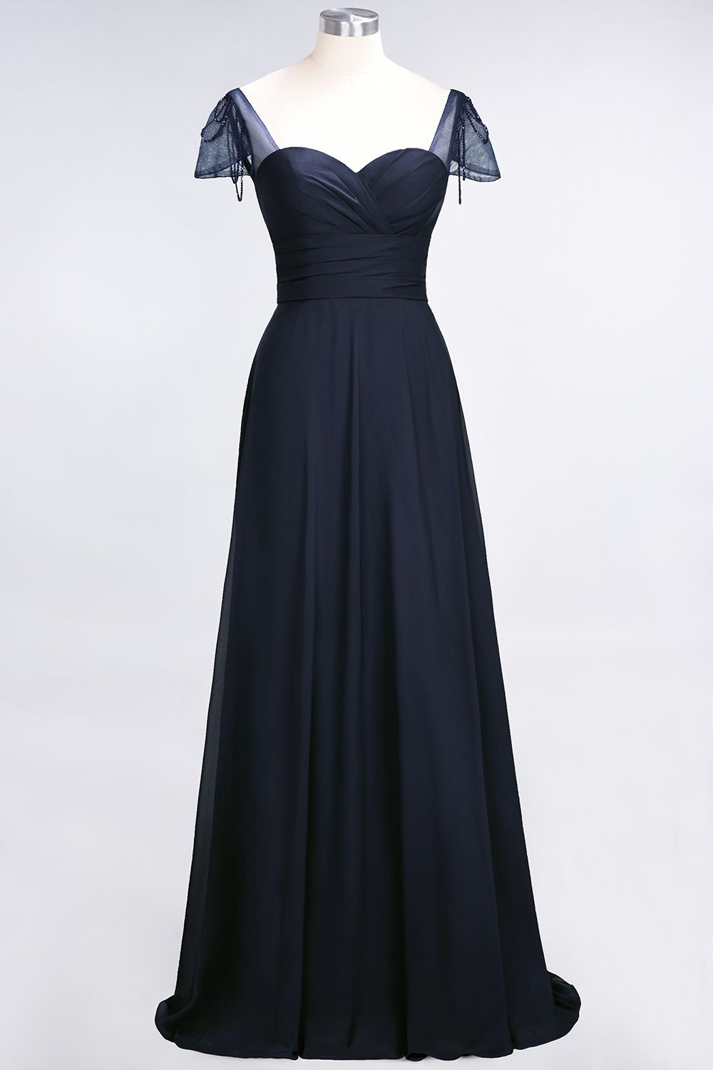 Chic Chiffon Sweetheart Cap-Sleeves Ruffle Bridesmaid dresses with Beadings